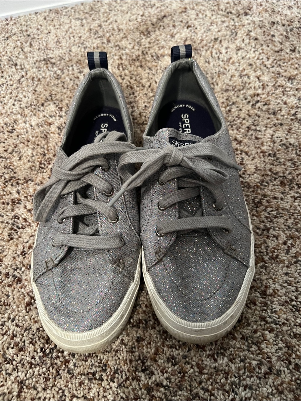 Sperry Women’s Glitter Lace-Up Sneakers — Gray with Multicolor Sparkle